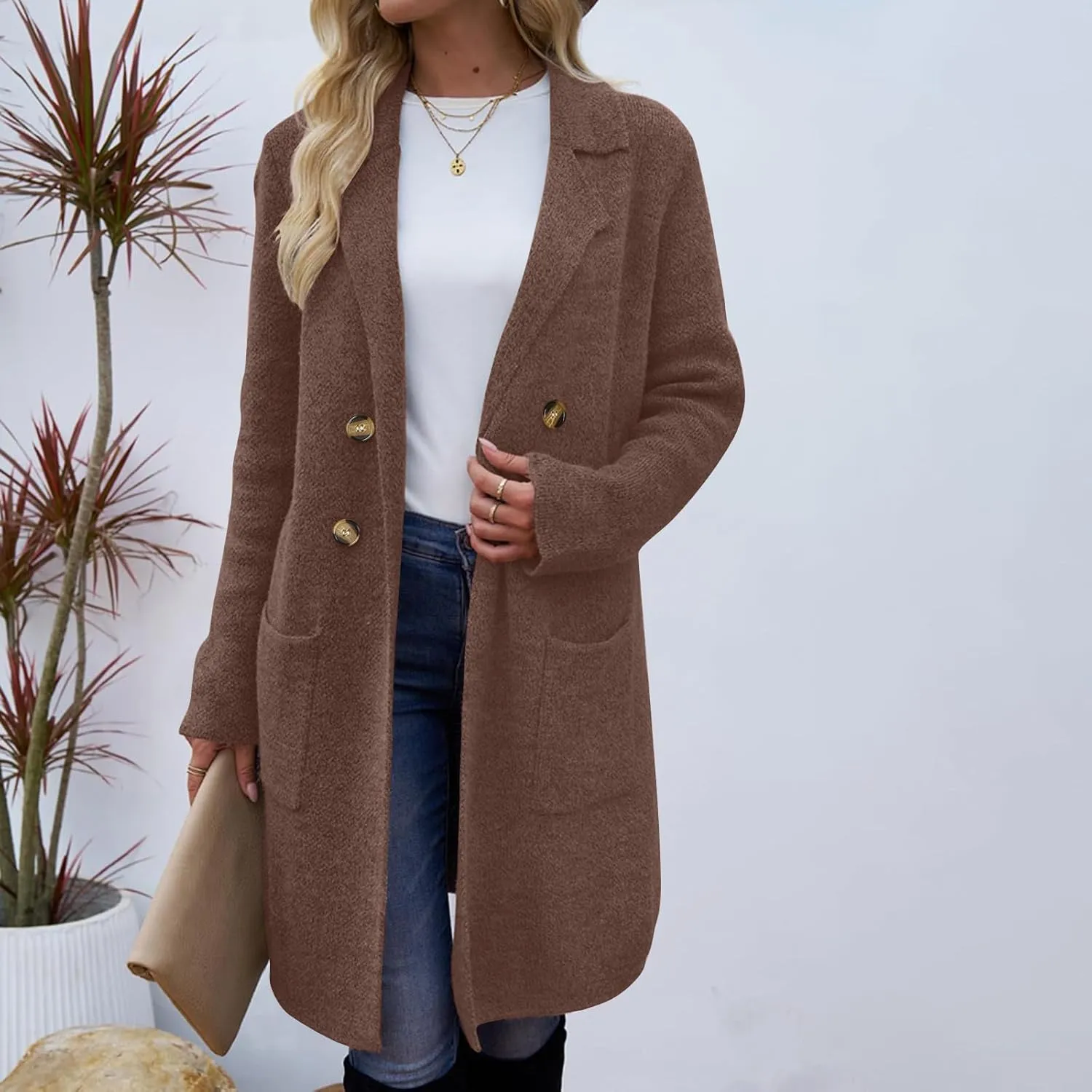SEAOPEN Pea Coats for Women Thick Wool Trench Coat Long Double Breasted Peacoats Lapel Open Front Jacket with Pockets