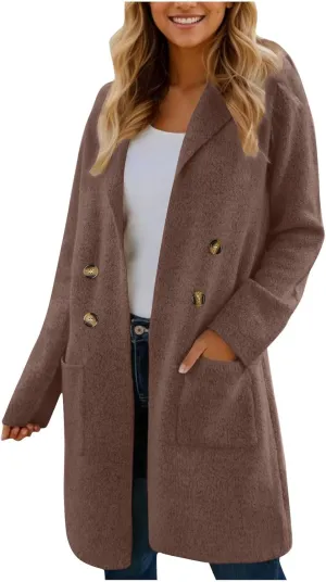 SEAOPEN Pea Coats for Women Thick Wool Trench Coat Long Double Breasted Peacoats Lapel Open Front Jacket with Pockets