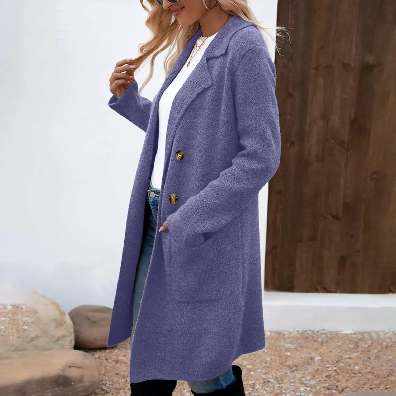 SEAOPEN Pea Coats for Women Thick Wool Trench Coat Long Double Breasted Peacoats Lapel Open Front Jacket with Pockets