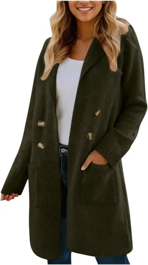 SEAOPEN Pea Coats for Women Thick Wool Trench Coat Long Double Breasted Peacoats Lapel Open Front Jacket with Pockets