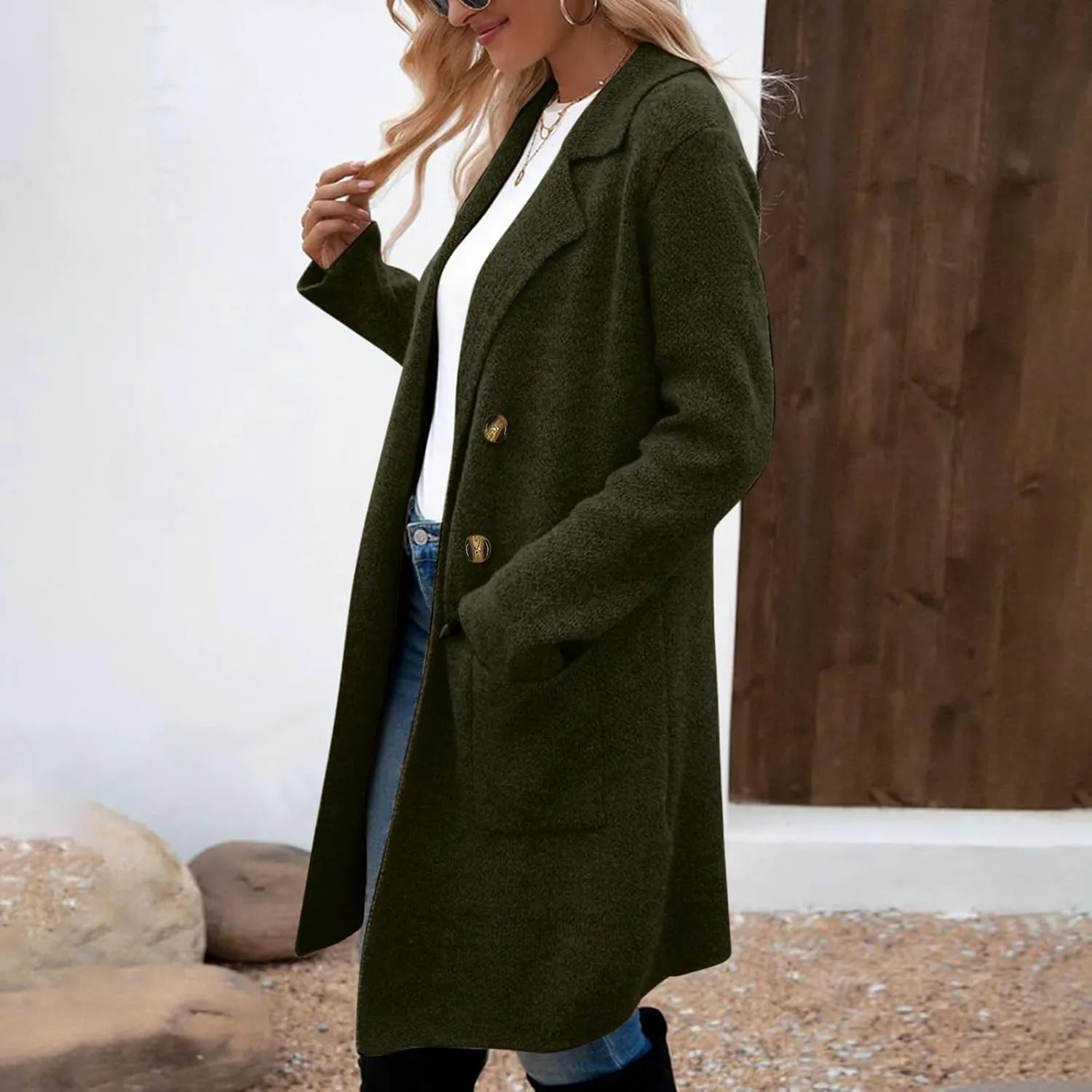 SEAOPEN Pea Coats for Women Thick Wool Trench Coat Long Double Breasted Peacoats Lapel Open Front Jacket with Pockets