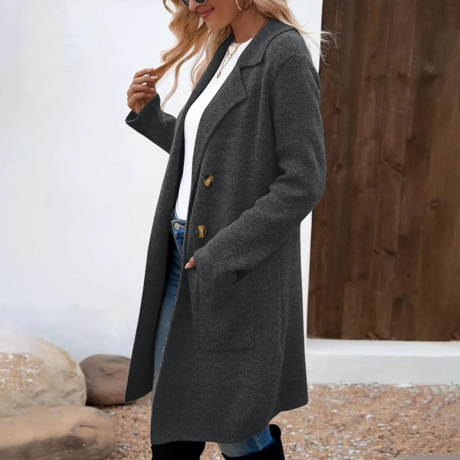 SEAOPEN Pea Coats for Women Thick Wool Trench Coat Long Double Breasted Peacoats Lapel Open Front Jacket with Pockets