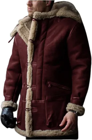 Shearling Jacket Men Vintage Sheepskin Leather Coat Warm Sherpa Fleece Lined Coat Winter Motorcycle Jackets with Hood
