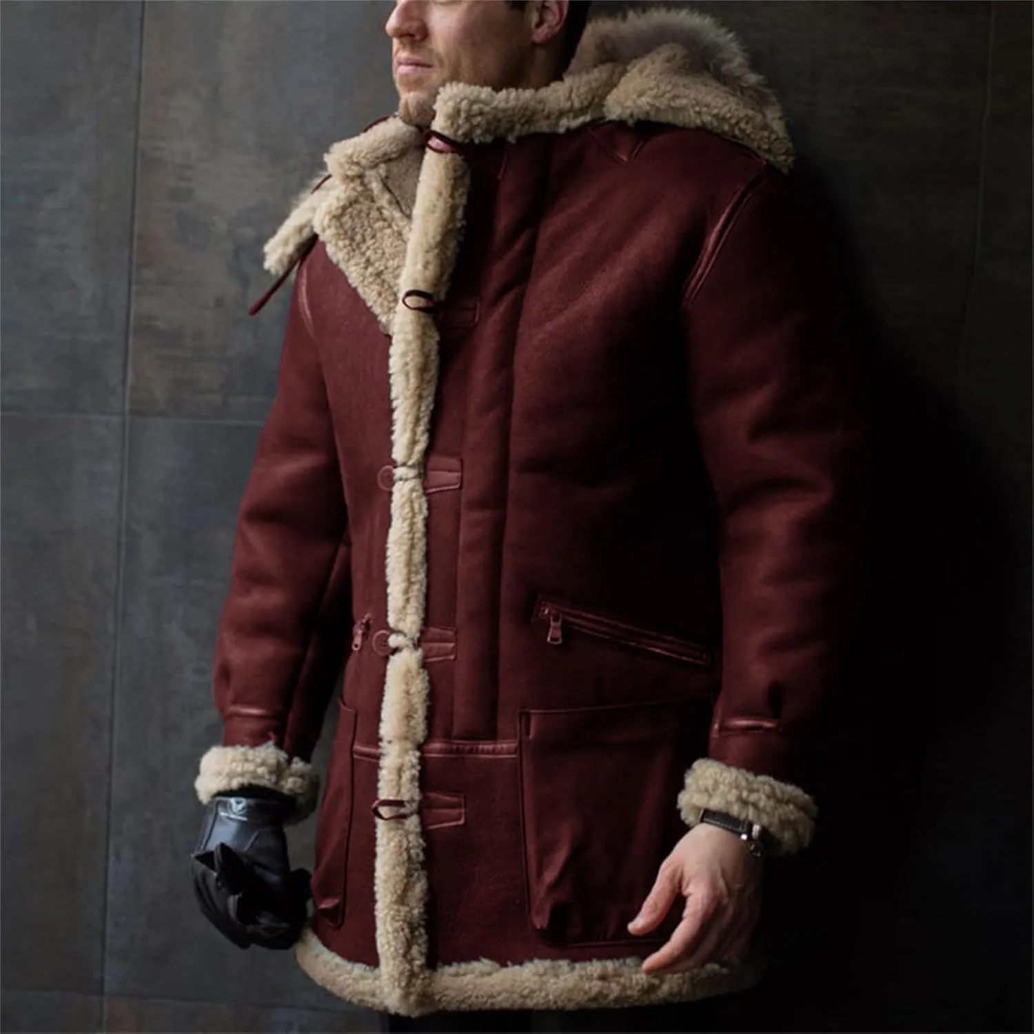 Shearling Jacket Men Vintage Sheepskin Leather Coat Warm Sherpa Fleece Lined Coat Winter Motorcycle Jackets with Hood