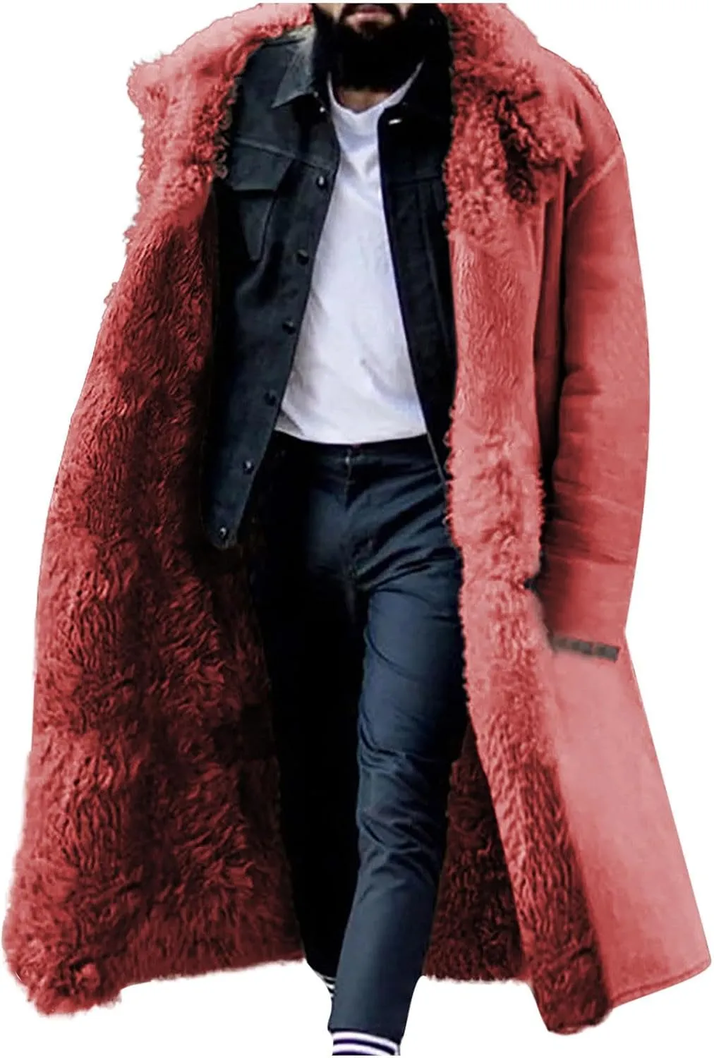 Sherpa Lined Long Jacket Men Faux Leather Shearling Jacket Fur Collar Long Trench Coats Winter Fleece Overcoat