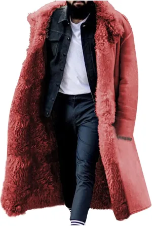 Sherpa Lined Long Jacket Men Faux Leather Shearling Jacket Fur Collar Long Trench Coats Winter Fleece Overcoat