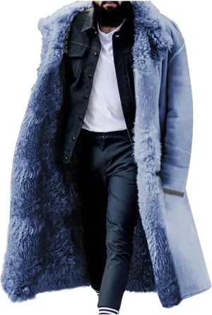 Sherpa Lined Long Jacket Men Faux Leather Shearling Jacket Fur Collar Long Trench Coats Winter Fleece Overcoat
