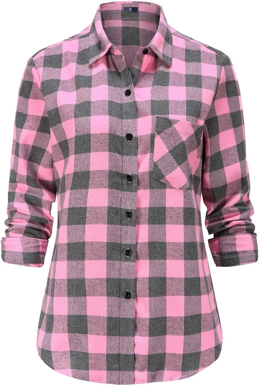 Soft Women Flannel Shirt Checkered Plaid Button Down Shirt Womens Fall Outfits