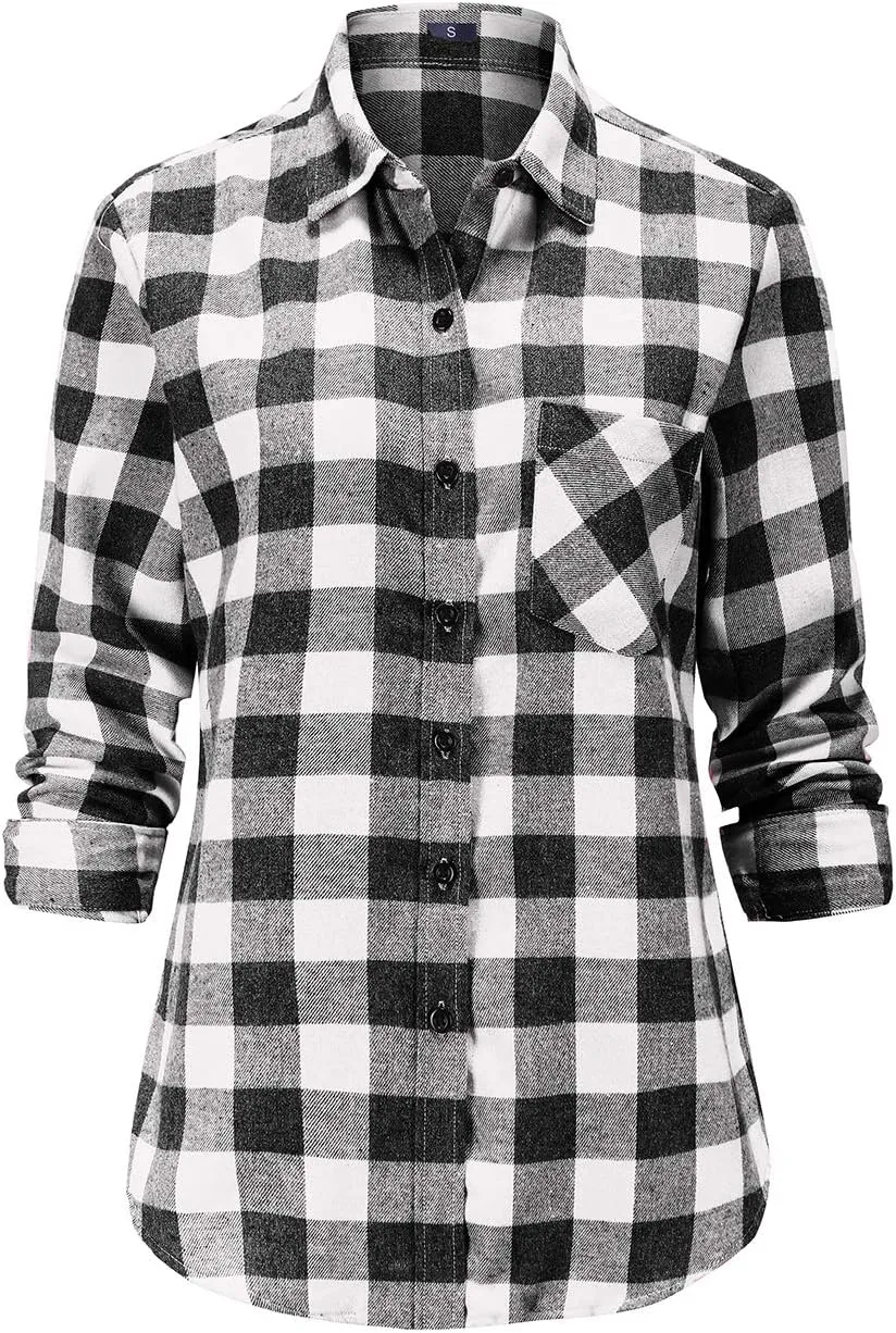 Soft Women Flannel Shirt Checkered Plaid Button Down Shirt Womens Fall Outfits