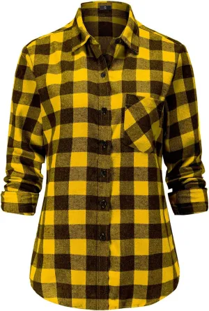 Soft Women Flannel Shirt Checkered Plaid Button Down Shirt Womens Fall Outfits