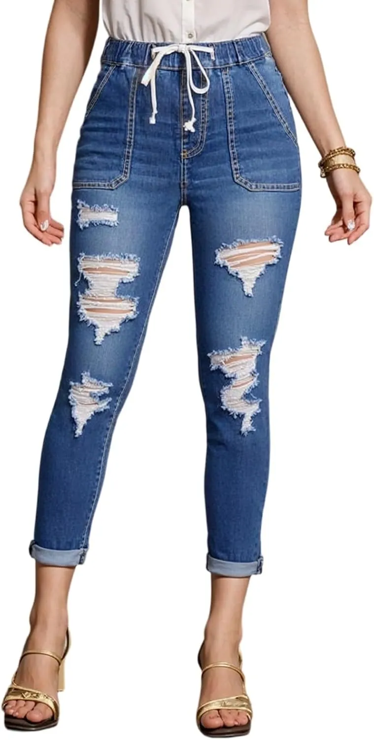 Straight Leg Jeans for Women Drawstring Elastic Waist Pull On Jeans Stretchy Boyfriend Baggy Cropped Denim Joggers