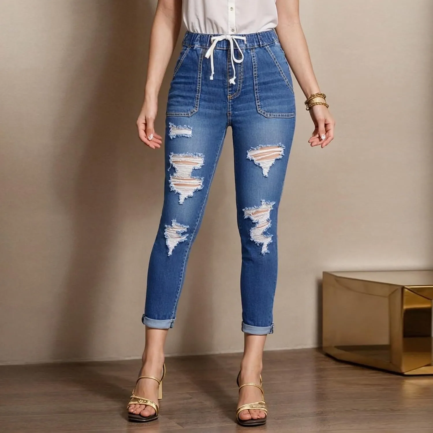 Straight Leg Jeans for Women Drawstring Elastic Waist Pull On Jeans Stretchy Boyfriend Baggy Cropped Denim Joggers