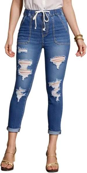 Straight Leg Jeans for Women Drawstring Elastic Waist Pull On Jeans Stretchy Boyfriend Baggy Cropped Denim Joggers