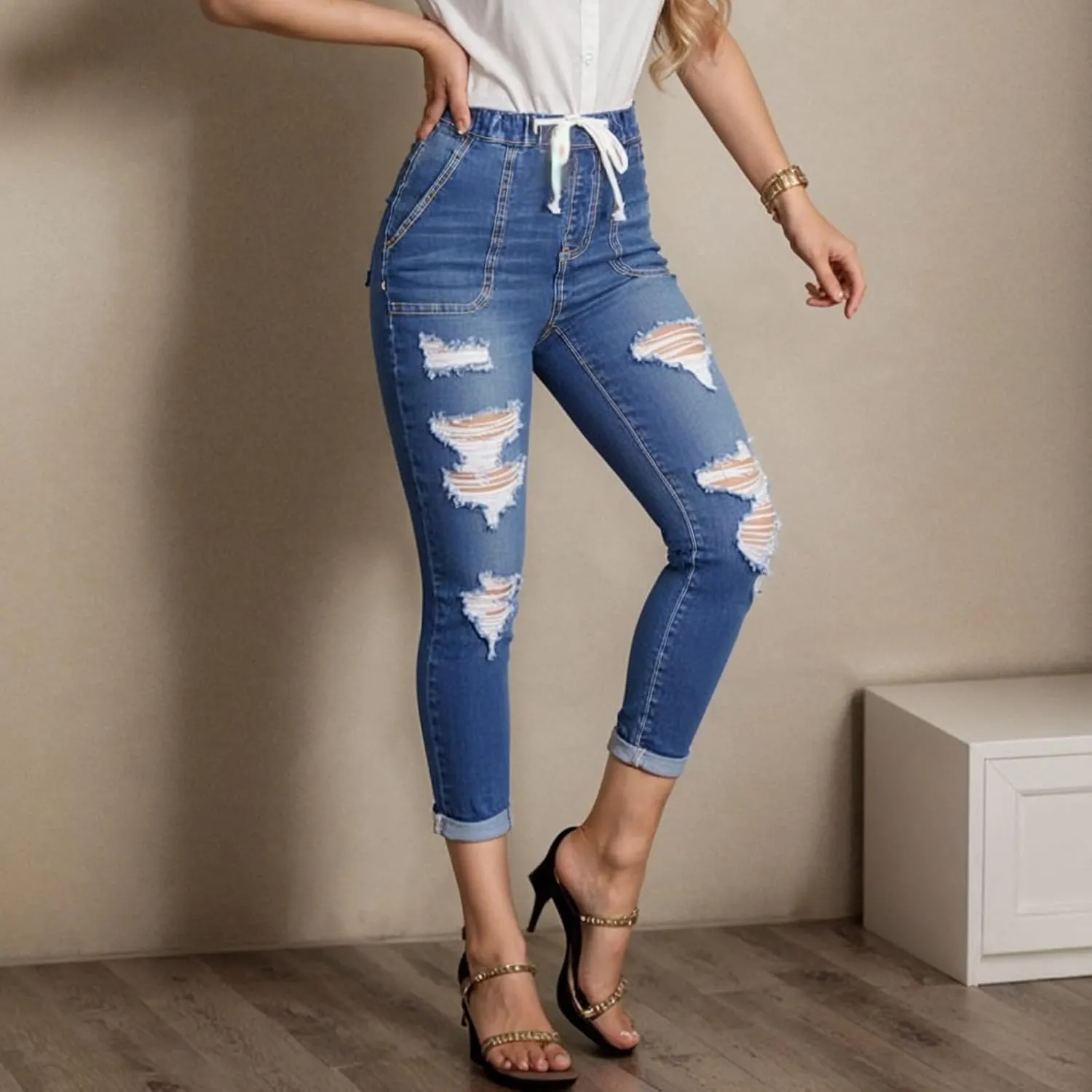 Straight Leg Jeans for Women Drawstring Elastic Waist Pull On Jeans Stretchy Boyfriend Baggy Cropped Denim Joggers