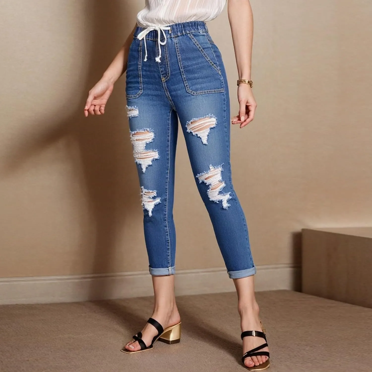 Straight Leg Jeans for Women Drawstring Elastic Waist Pull On Jeans Stretchy Boyfriend Baggy Cropped Denim Joggers