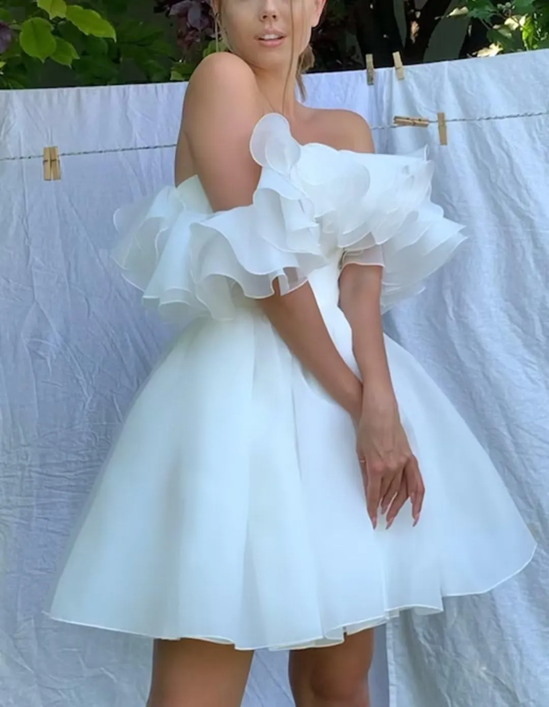 Sweetheart Short Wedding Dress for Bride Detachable Sleeves Boho Wedding Dress Tulle Bridal Gown