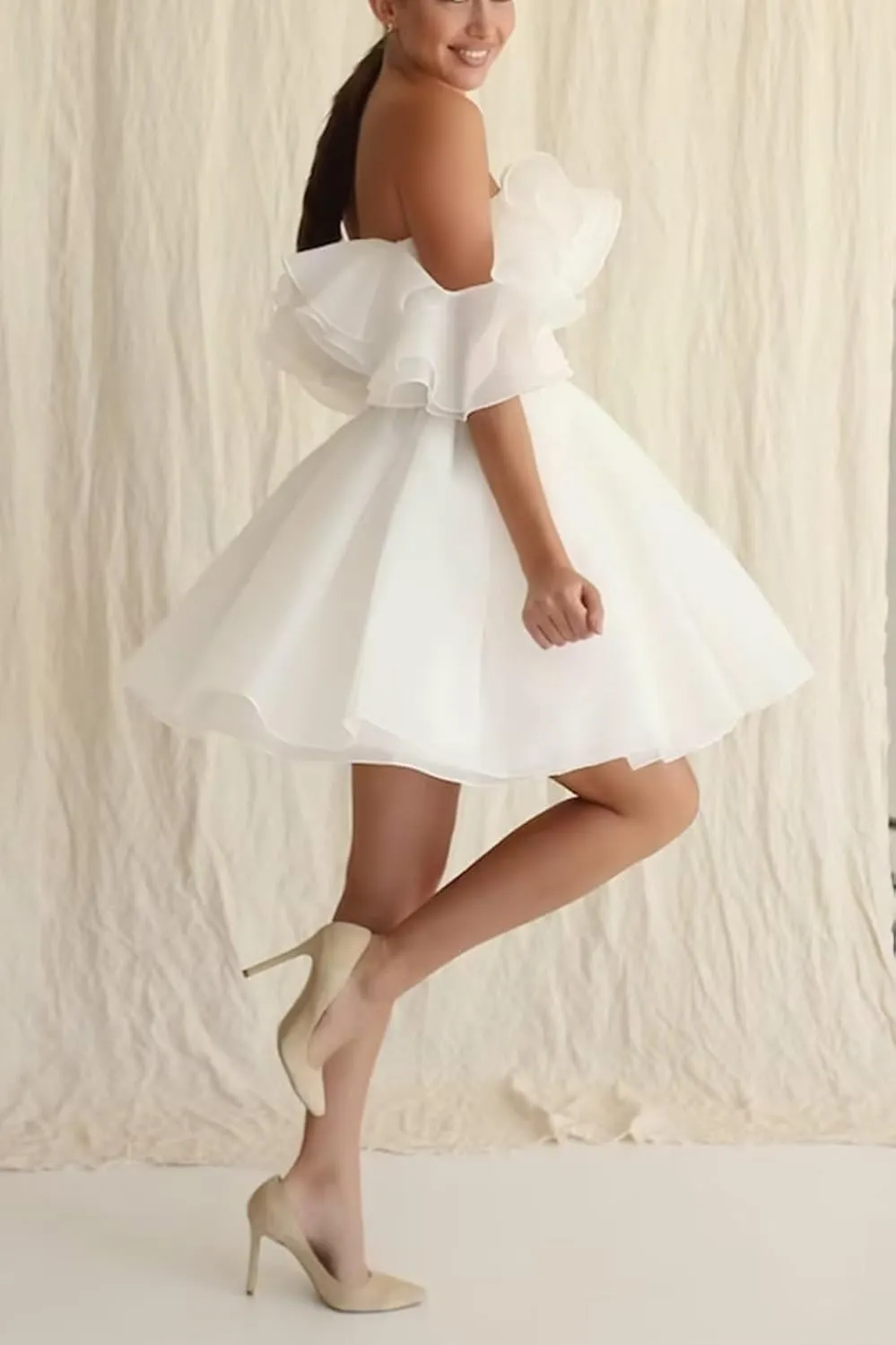 Sweetheart Short Wedding Dress for Bride Detachable Sleeves Boho Wedding Dress Tulle Bridal Gown