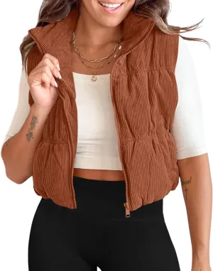 Tankaneo Womens Cropped Puffer Vest Corduroy Lightweight Sleeveless Padded Coat Zip Up Warm Outerwear