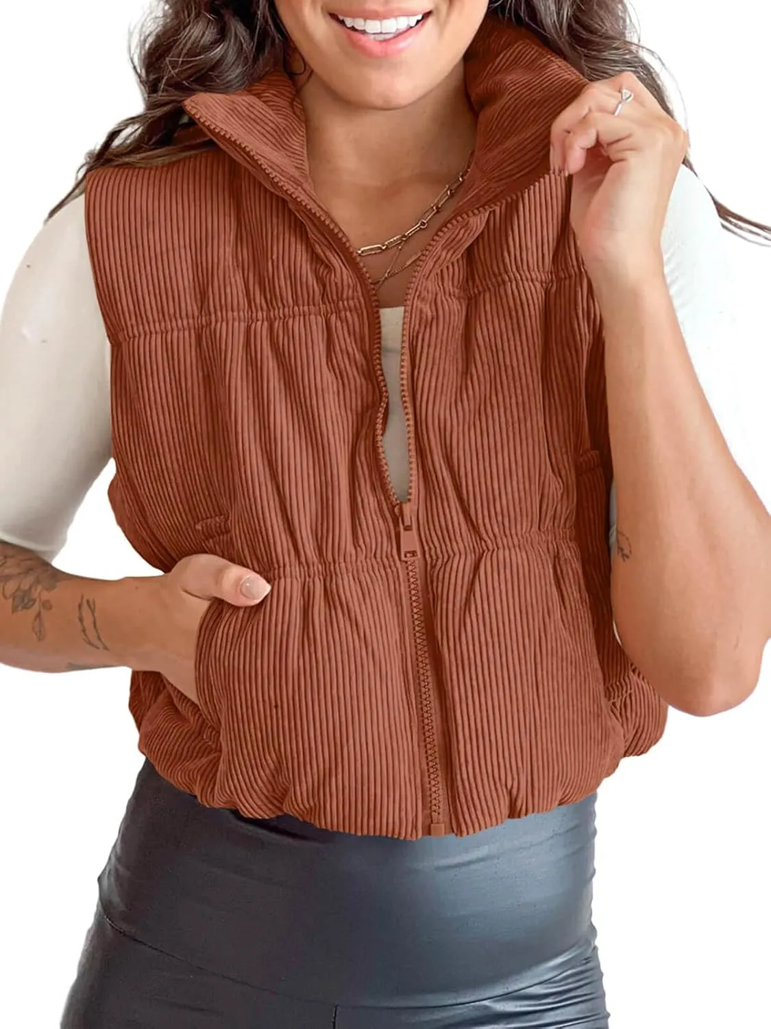 Tankaneo Womens Cropped Puffer Vest Corduroy Lightweight Sleeveless Padded Coat Zip Up Warm Outerwear