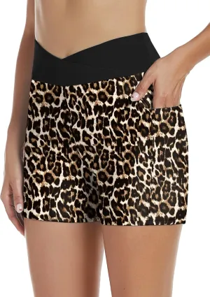 Tournesol Women's 4" Swim Shorts High Waisted Swimsuit Bottoms Cross Waist Bathing Suit Swimwear Boy Shorts with Pocket