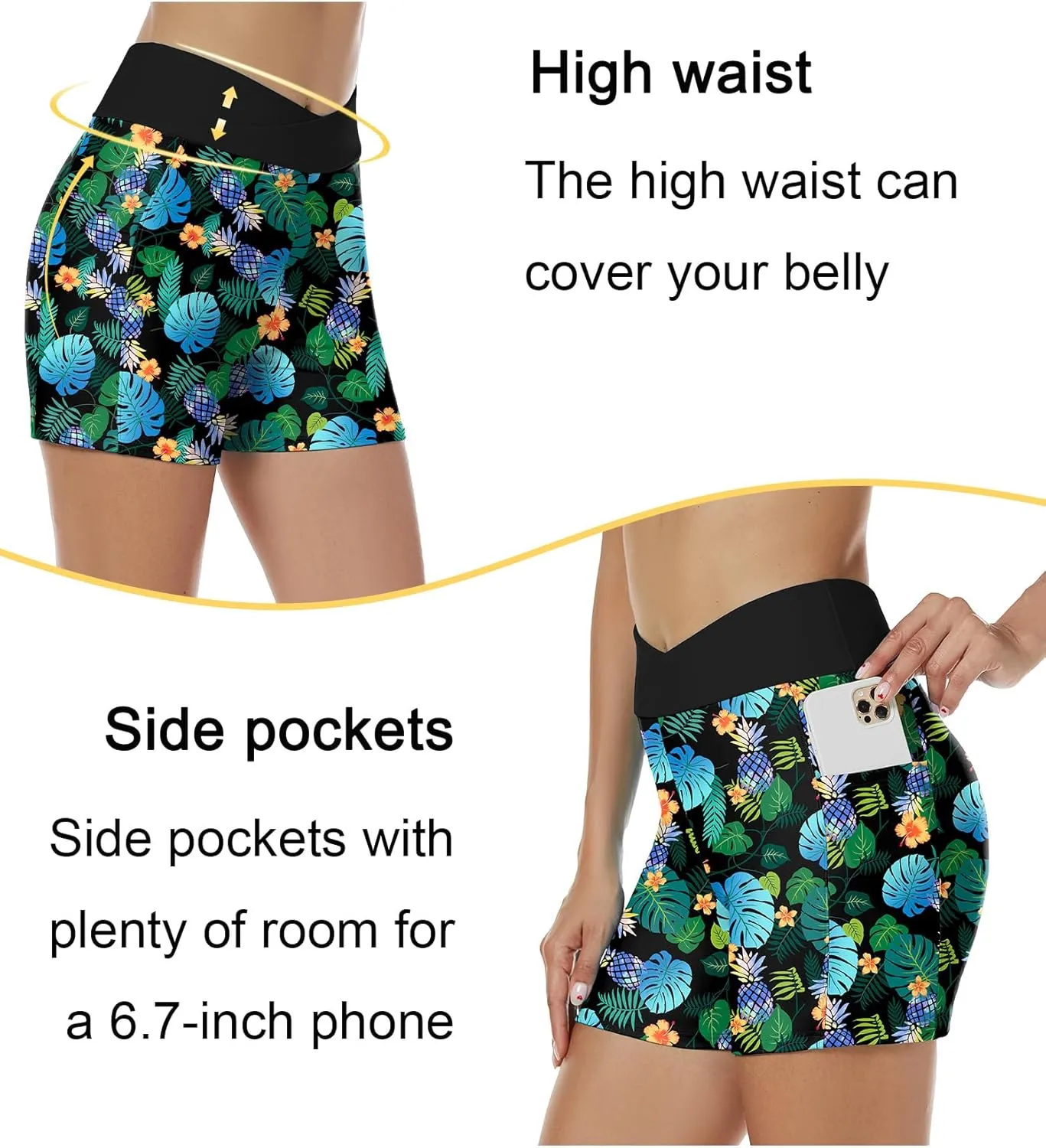 Tournesol Women's 4" Swim Shorts High Waisted Swimsuit Bottoms Cross Waist Bathing Suit Swimwear Boy Shorts with Pocket