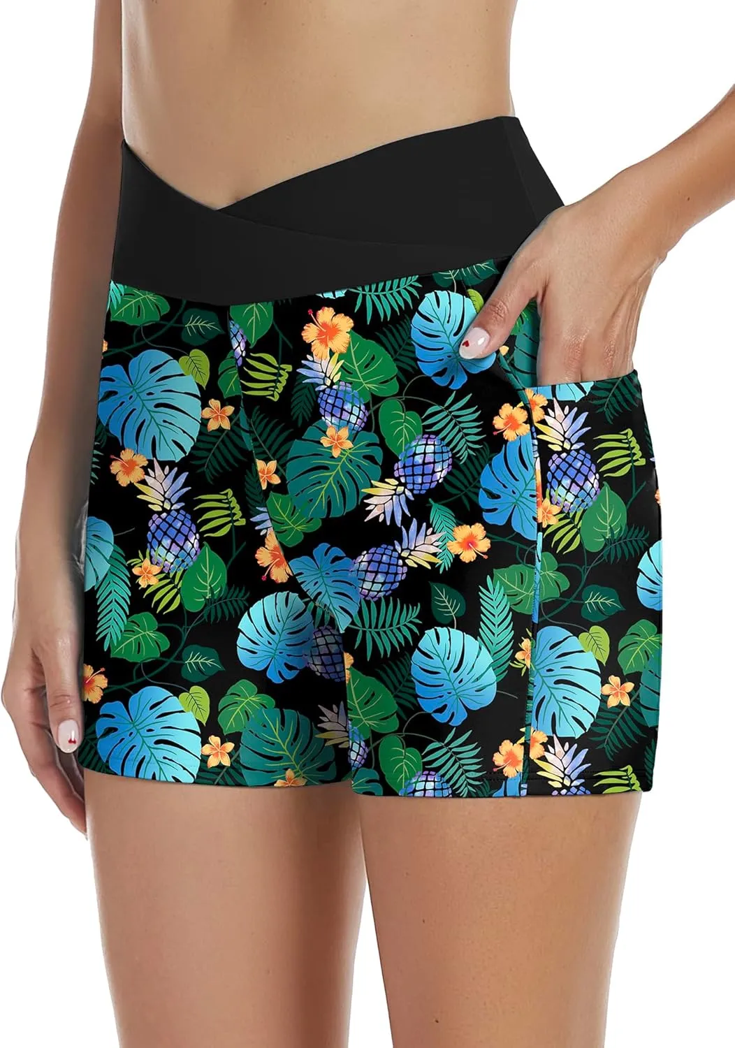 Tournesol Women's 4" Swim Shorts High Waisted Swimsuit Bottoms Cross Waist Bathing Suit Swimwear Boy Shorts with Pocket