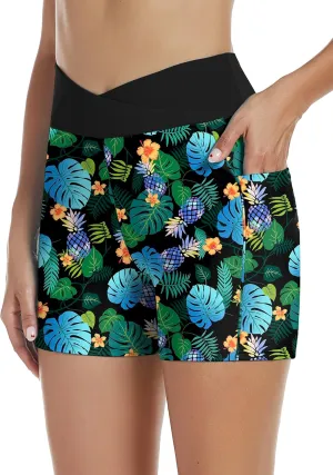 Tournesol Women's 4" Swim Shorts High Waisted Swimsuit Bottoms Cross Waist Bathing Suit Swimwear Boy Shorts with Pocket