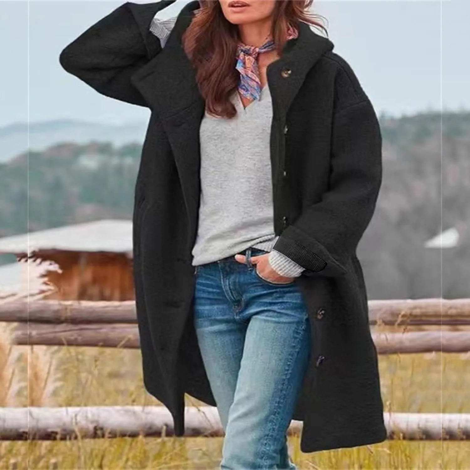 Trench Coat Sleeve Casual Fuzzy Jacket Loose Fitting Warm Winter Outwear Fashion Lapel Jacket Hooded Trench Coat