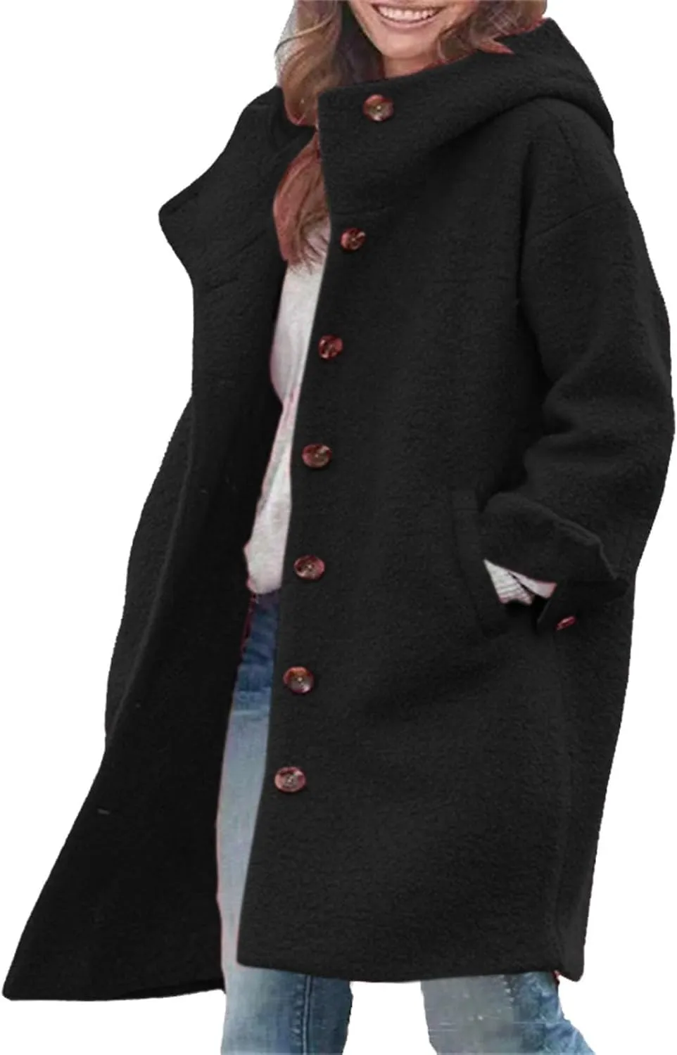Trench Coat Sleeve Casual Fuzzy Jacket Loose Fitting Warm Winter Outwear Fashion Lapel Jacket Hooded Trench Coat