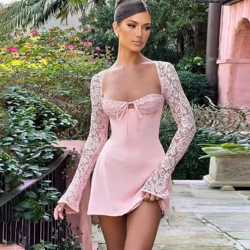 Trendy Lace Sleeve Bustier Party Dress