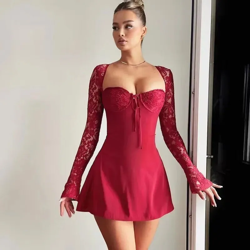 Trendy Lace Sleeve Bustier Party Dress