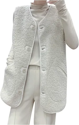 tuduoms Womens Sherpa Vest Casual Warm Fuzzy Faux Shearling Vest Sleeveless Fleece Jacket Pockets Teddy Coat Gilet for Winter
