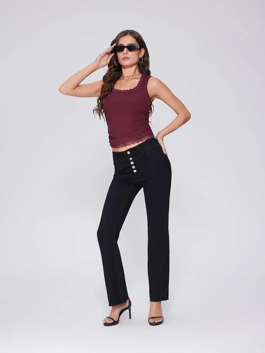Vinova Flare Jeans for Women Button Down Bell Bottom Stetchy High Waisted Bootcut Denim Pants with Pockets