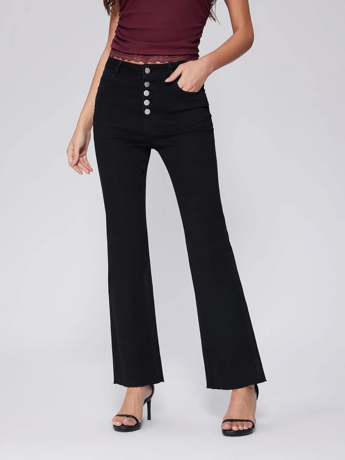 Vinova Flare Jeans for Women Button Down Bell Bottom Stetchy High Waisted Bootcut Denim Pants with Pockets