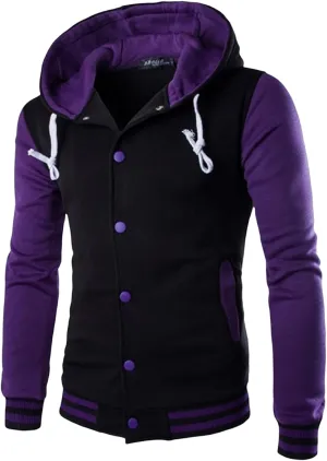 Wankang Mens Hoodie Baseball Jacket Button Down Varsity Jacket Hooded Lightweight Letterman Bomber jacket Coats for Men