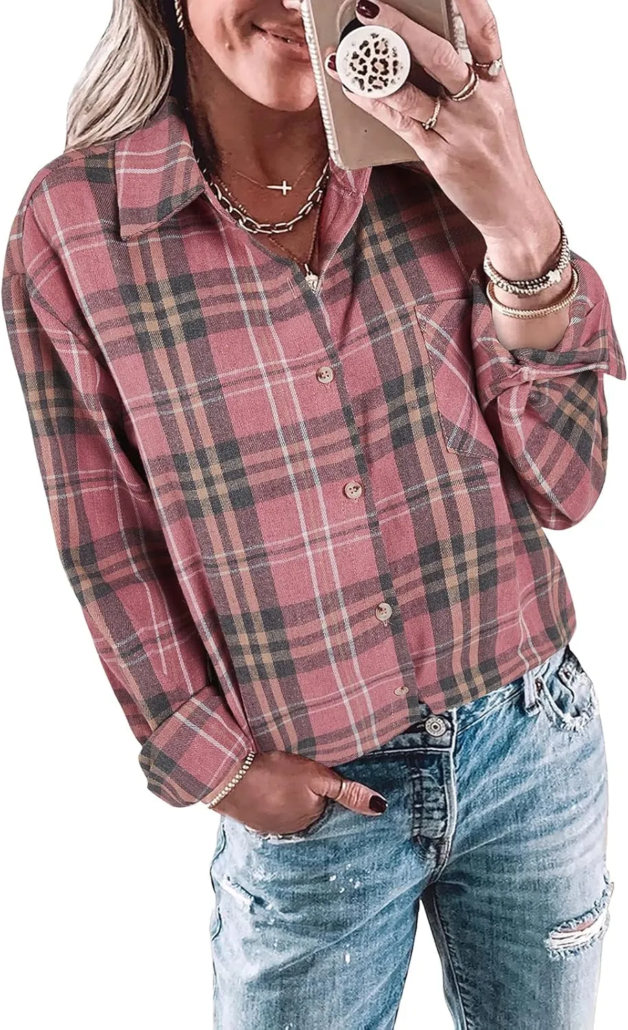 Wenrine Womens Long Sleeve Button Down Shirt Casual Plaid Flannel Shirt Collared Blouse Tops