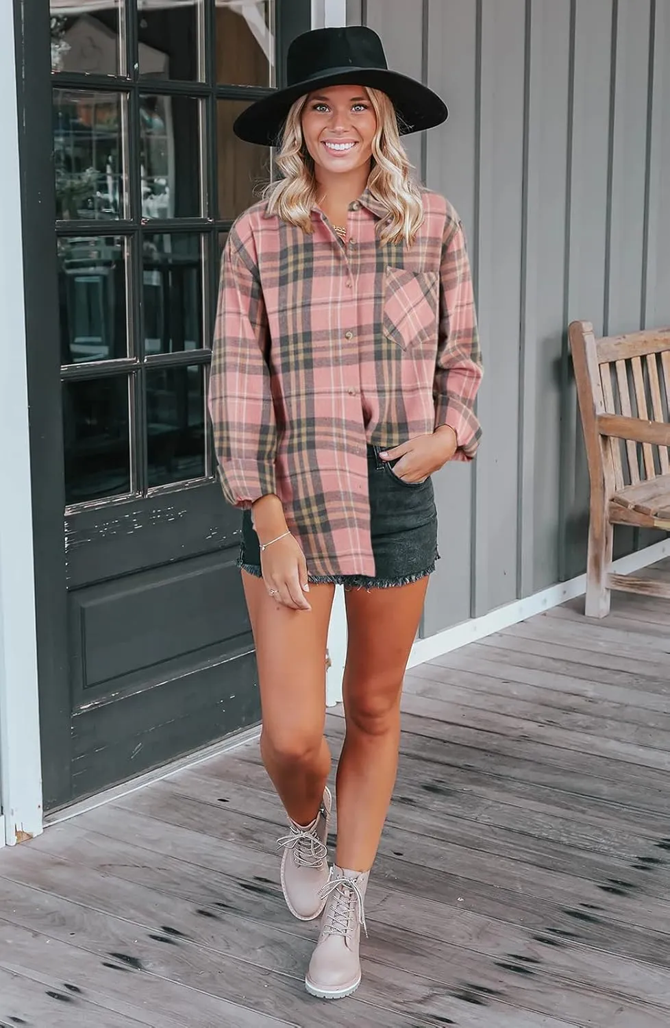 Wenrine Womens Long Sleeve Button Down Shirt Casual Plaid Flannel Shirt Collared Blouse Tops