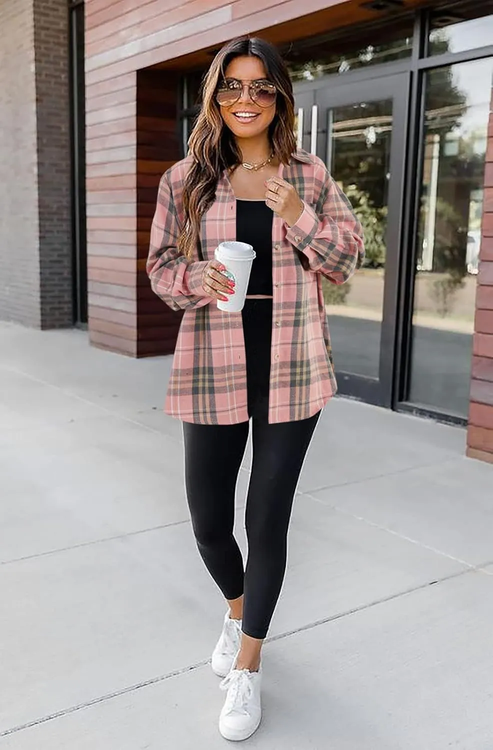 Wenrine Womens Long Sleeve Button Down Shirt Casual Plaid Flannel Shirt Collared Blouse Tops