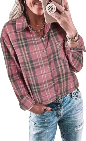 Wenrine Womens Long Sleeve Button Down Shirt Casual Plaid Flannel Shirt Collared Blouse Tops
