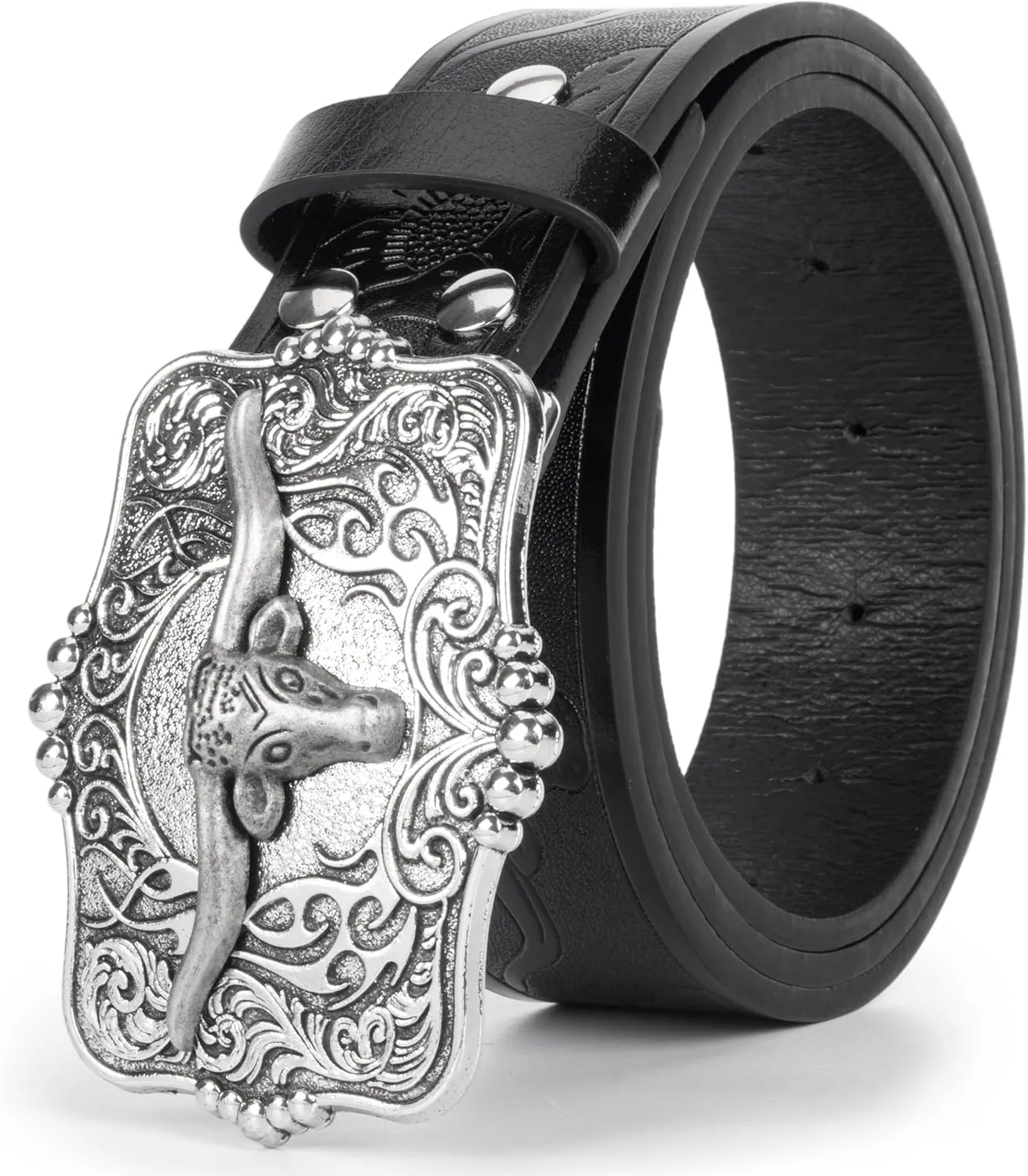 Western Cowboy PU Leather Belt - Men Waist Strap Bull Decoration Floral Engraved for Jeans 25" to 38" Waist