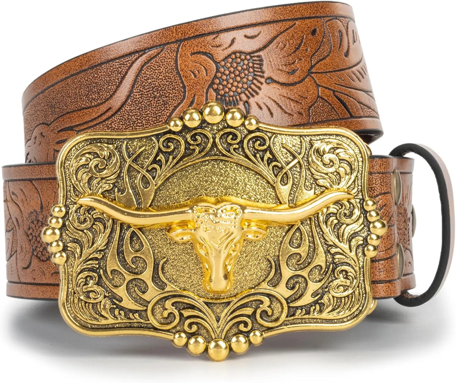Western Cowboy PU Leather Belt - Men Waist Strap Bull Decoration Floral Engraved for Jeans 25" to 38" Waist