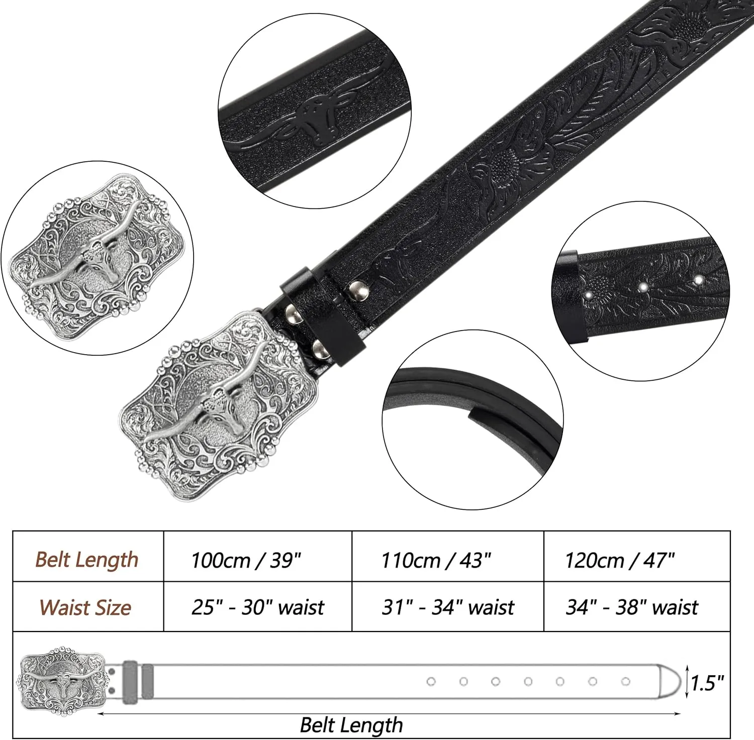 Western Cowboy PU Leather Belt - Men Waist Strap Bull Decoration Floral Engraved for Jeans 25" to 38" Waist