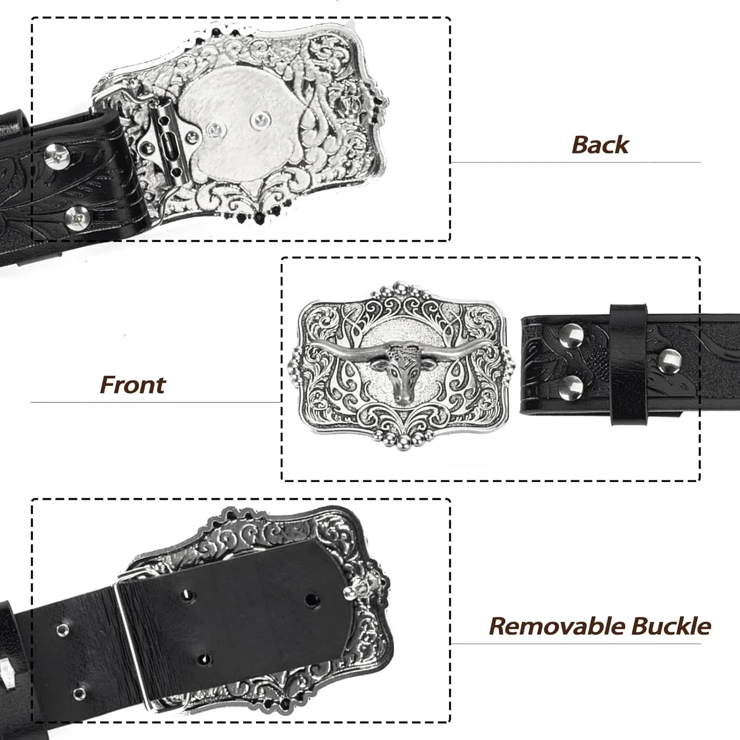 Western Cowboy PU Leather Belt - Men Waist Strap Bull Decoration Floral Engraved for Jeans 25" to 38" Waist