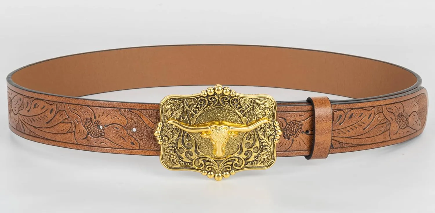 Western Cowboy PU Leather Belt - Men Waist Strap Bull Decoration Floral Engraved for Jeans 25" to 38" Waist