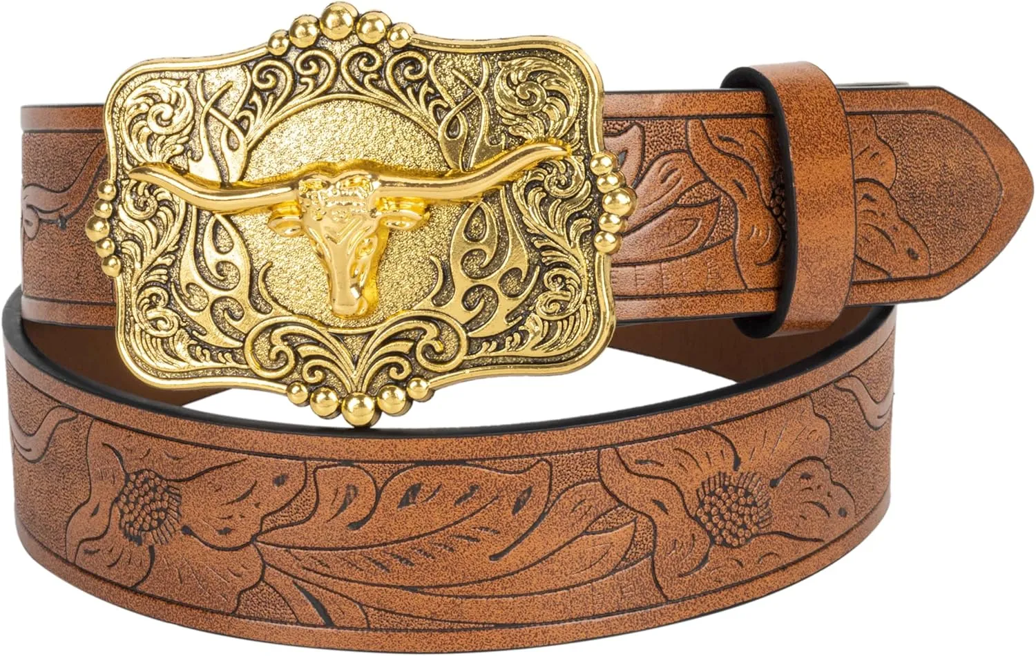 Western Cowboy PU Leather Belt - Men Waist Strap Bull Decoration Floral Engraved for Jeans 25" to 38" Waist
