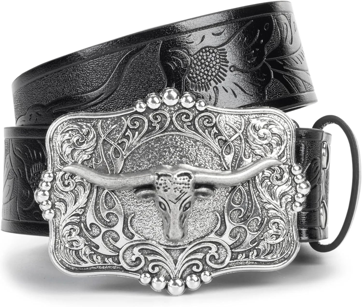 Western Cowboy PU Leather Belt - Men Waist Strap Bull Decoration Floral Engraved for Jeans 25" to 38" Waist