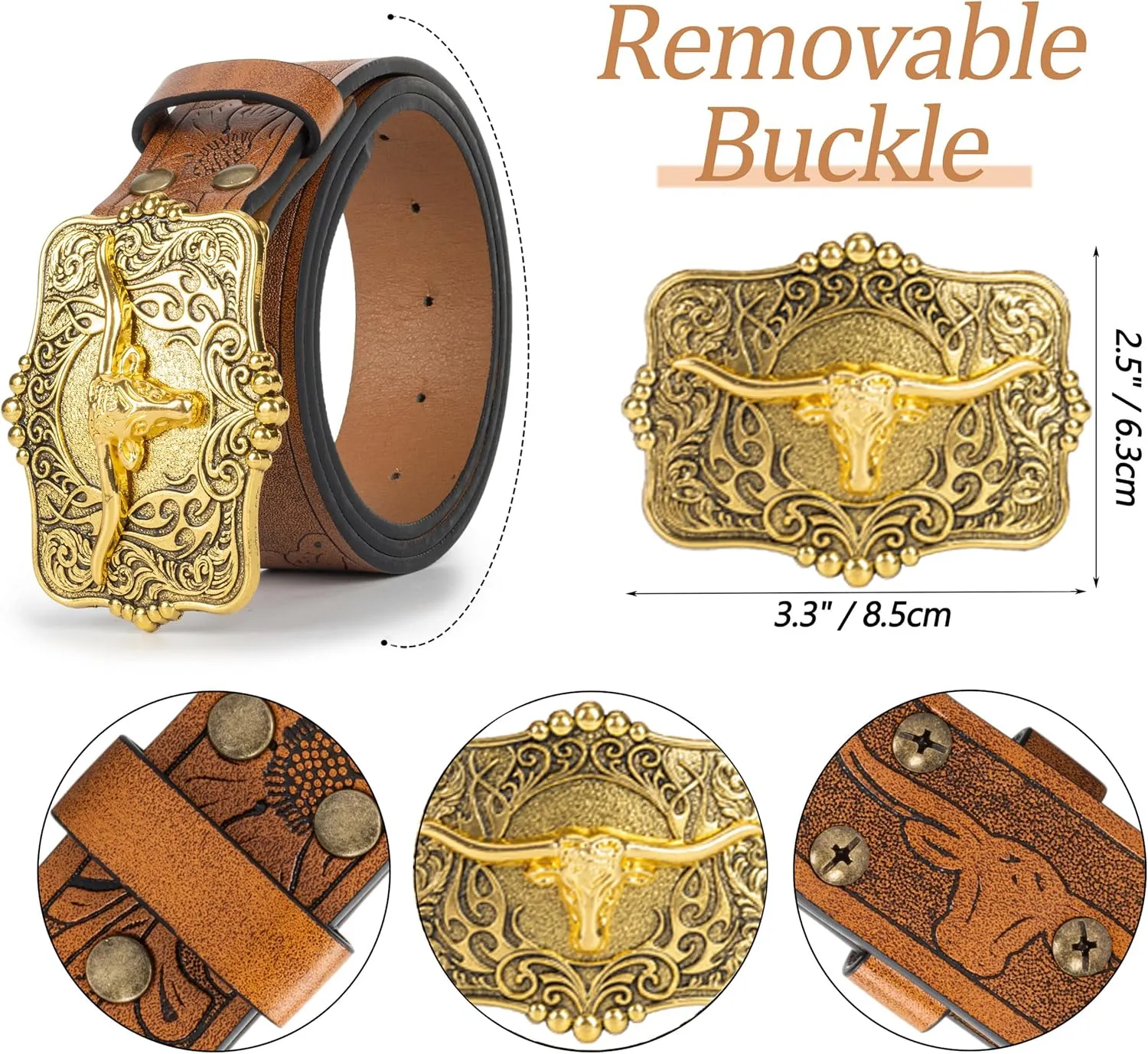 Western Cowboy PU Leather Belt - Men Waist Strap Bull Decoration Floral Engraved for Jeans 25" to 38" Waist