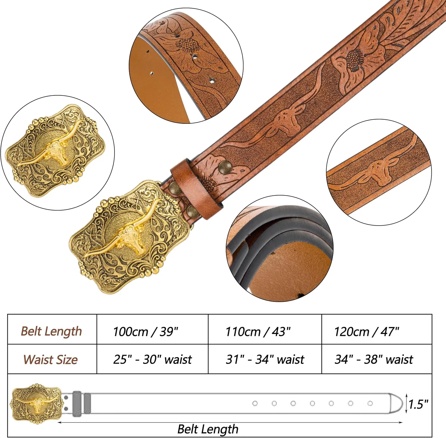 Western Cowboy PU Leather Belt - Men Waist Strap Bull Decoration Floral Engraved for Jeans 25" to 38" Waist