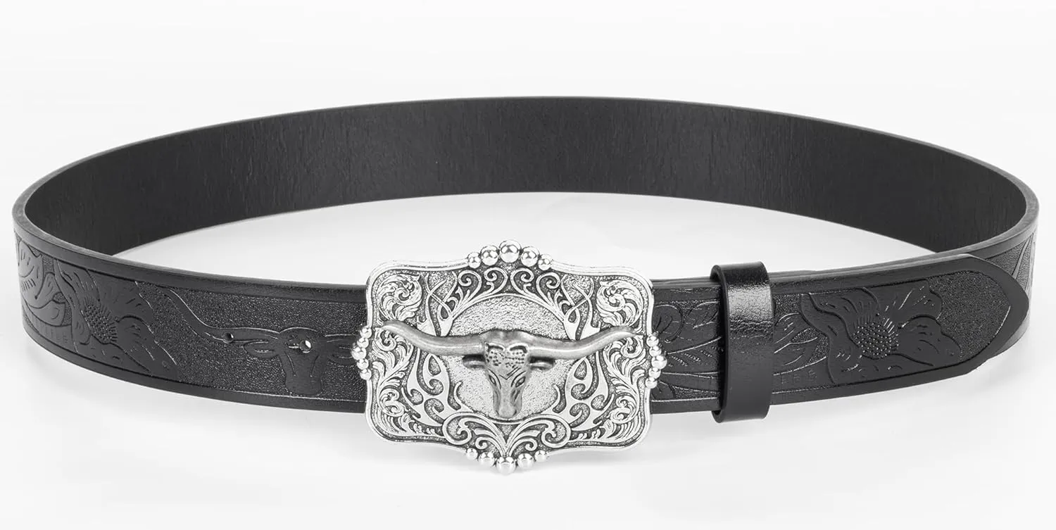 Western Cowboy PU Leather Belt - Men Waist Strap Bull Decoration Floral Engraved for Jeans 25" to 38" Waist