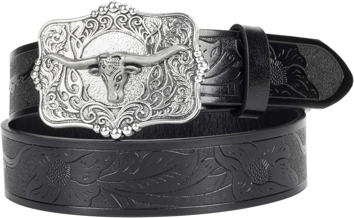 Western Cowboy PU Leather Belt - Men Waist Strap Bull Decoration Floral Engraved for Jeans 25" to 38" Waist